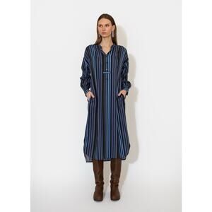 Raquel Allegra Dinka Striped Midi Dress Sea Mock Neck Artsy Boho